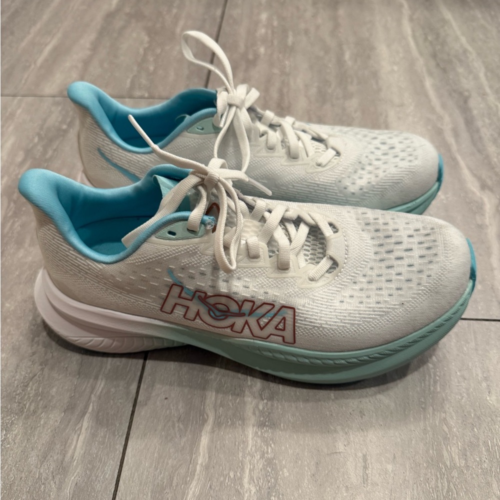 Hoka One One White and Blue Athletic Shoes with Breathable Design